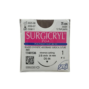 Surgicryl PGA, 1, 75cm, 3/8 griezošu adatu 36mm, N1