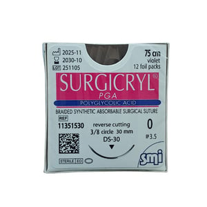 Surgicryl PGA, 0, 75cm, 3/8 griezošu adatu 30mm, N1