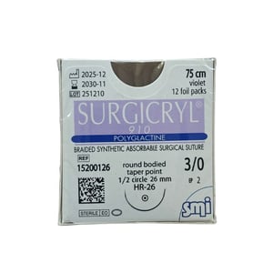 Surgicryl 910, 3/0, 75cm, 1/2 apaļu adatu 26mm