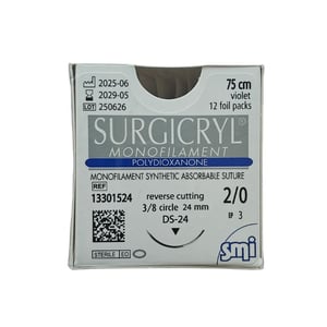 Surgicryl monofilament 2/0, 75 cm, 3/8 griezošu adatu 24mm, N1