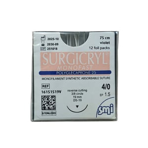 Surgicryl Monofast 4/0, 75cm, 3/8 griezošu adatu 19mm, violets, N1