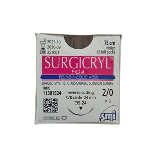 Surgicryl PGA, 2/0, 75cm, 3/8 griezošu adatu 24mm, N1